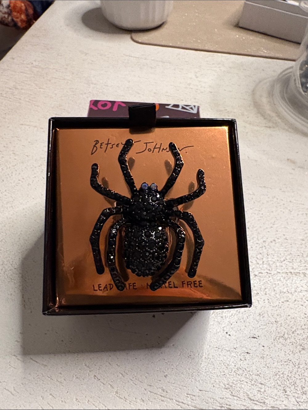 Betsey Johnson Black Jeweled Spider ring ; one size fits all : elastic band: